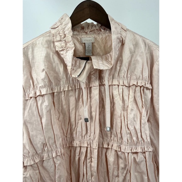 CHICOS Pale Pink Jacket Ruched Ruffle Full Zip Metallic Lined Size 8 (Chico's 2) - Picture 4 of 5